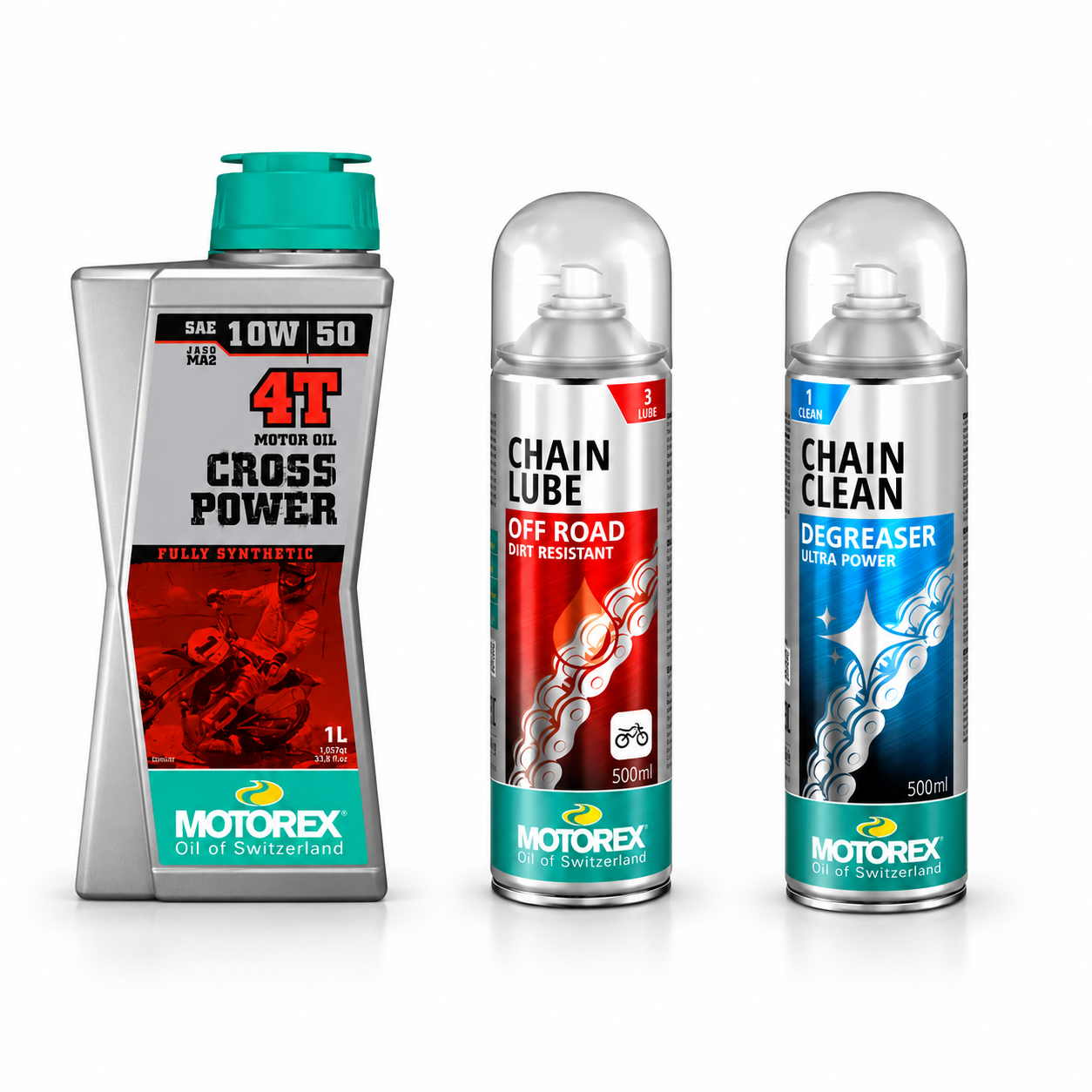 Kit full Mantención Motorex 4T Cross Power 10W50 + Chain Clean + Chain Lube Off Road