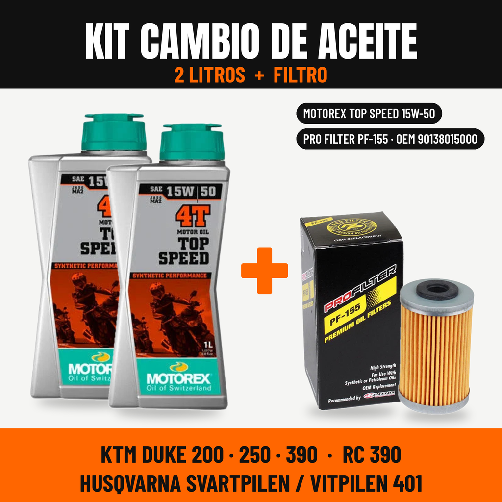 Kit Cambio de Aceite Motorex Top Speed 15W-50 2L + Filtro PF-155 | KTM Duke / RC / Husqvarna Svartpilen