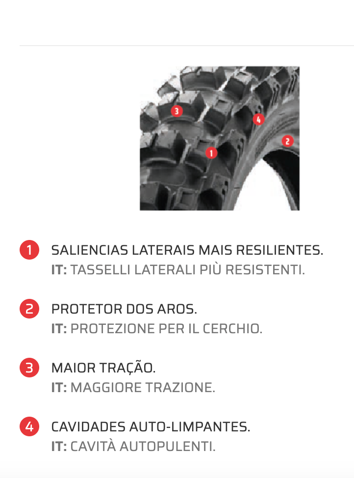Características neumático Borilli B007 Infinity EXC: tacos laterales, protector de llanta, tracción y cavidades autolimpiantes