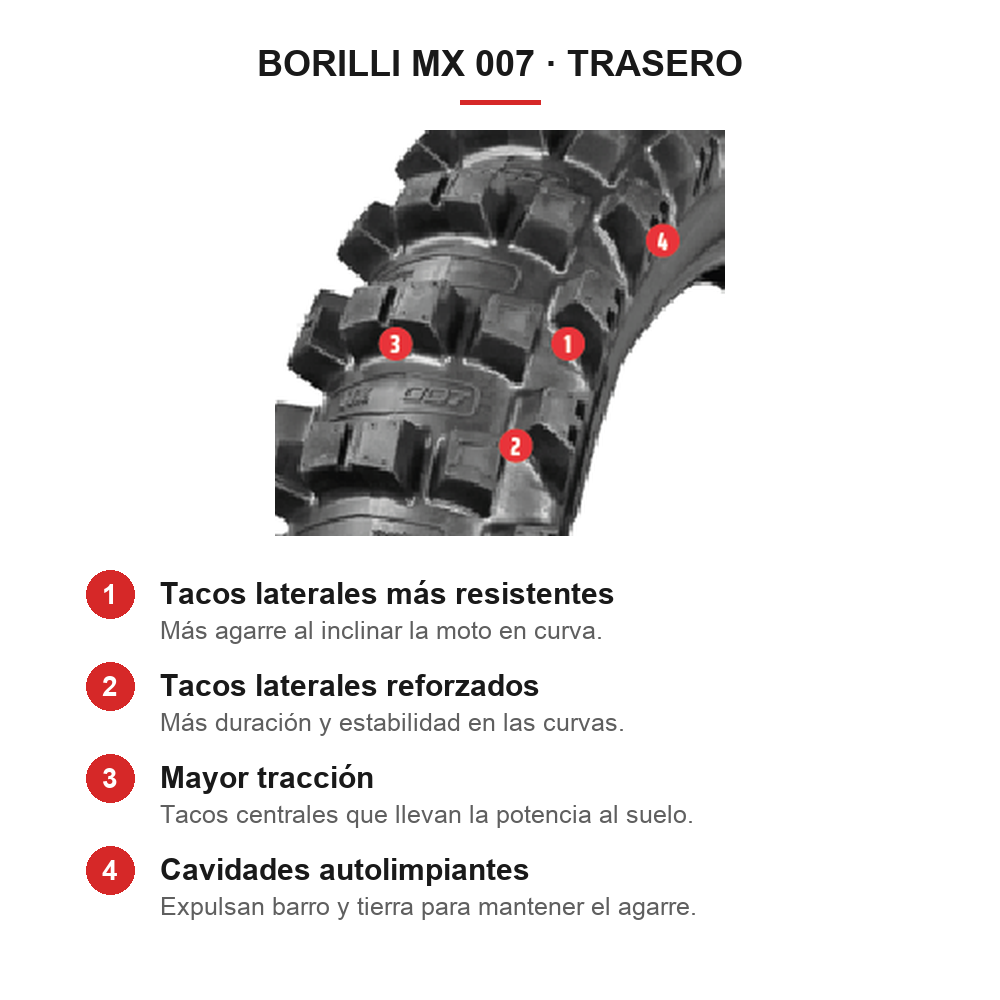 Características neumático trasero Borilli MX 007: tacos laterales resistentes y reforzados, mayor tracción y cavidades autolimpiantes